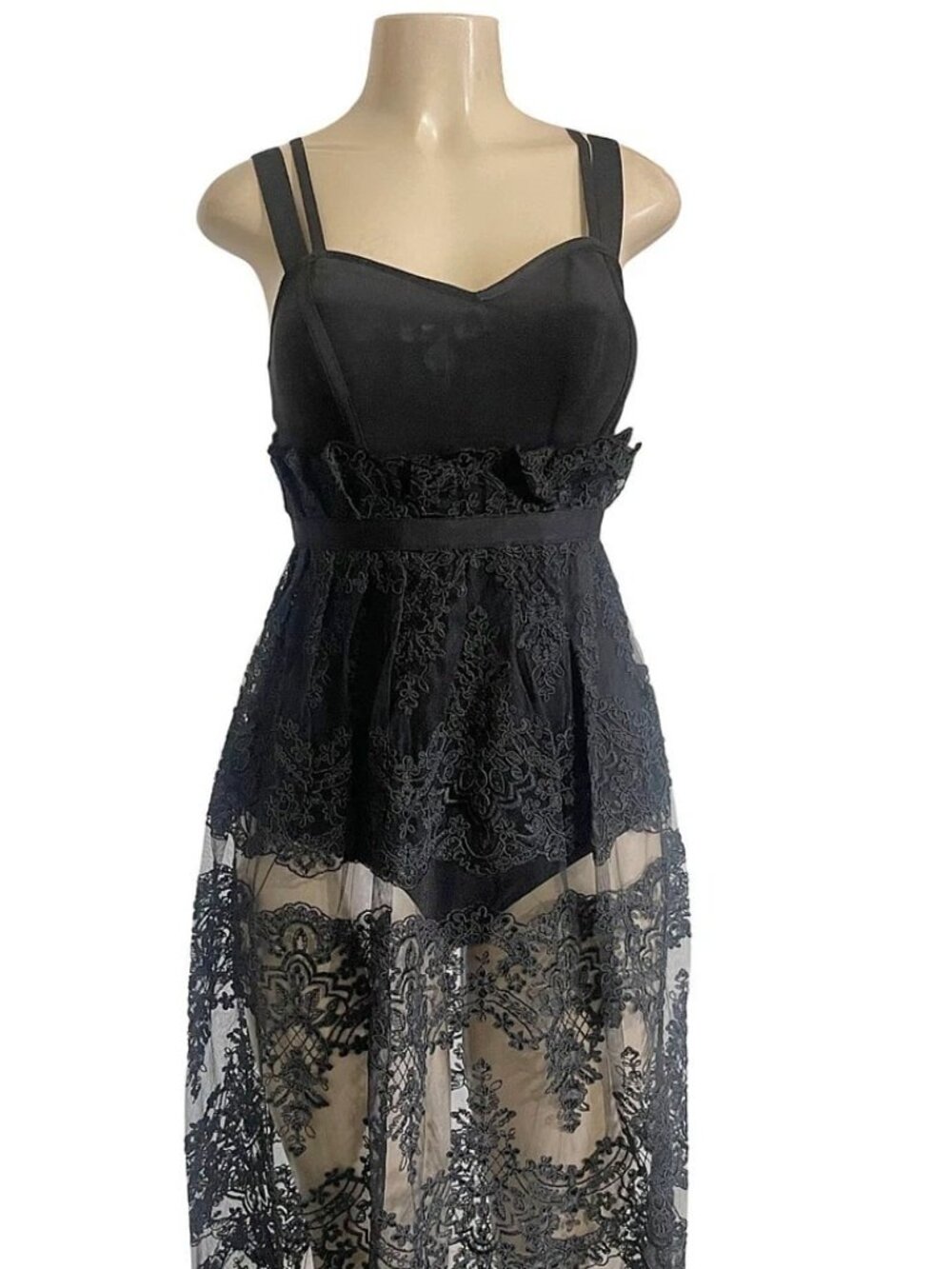 Elegant Black Lace Sheer Maxi Evening Dress Corset Bodice Evening Gown S M - Picture 6 of 7
